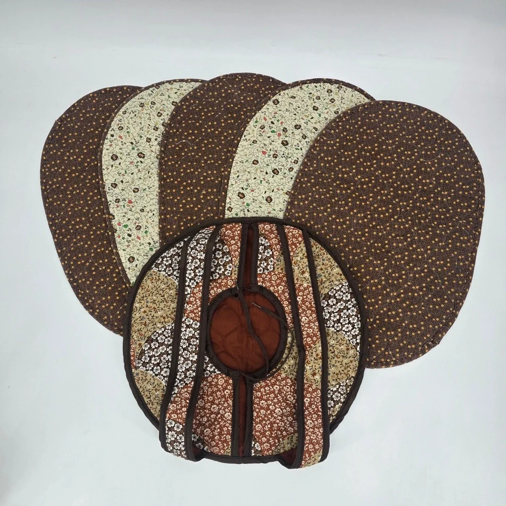 Quilted Reversible Placemats Set of 5 + Casserole Carrier Brown Floral Farmhouse
